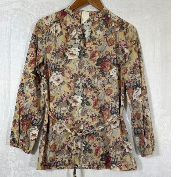 Fran Keene Vintage Tunic 12 Tan Floral Belted Cottagecore Fall Neutral Country - Picture 1 of 12